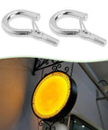 10 Pack M4 Screw Hanging Hook With Spring Buckle Eye Hook For Lights And Signs, DIY Go To Mounting Gear With Metric Internal Threads M4, 32mm Long, 18mm Wide, 4mm Thread Diameter, 10mm Hook Width, silver iron hook shown hanging a sign