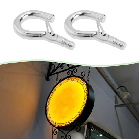10 Pack M4 Screw Hanging Hook With Spring Buckle Eye Hook For Lights And Signs, DIY Go To Mounting Gear With Metric Internal Threads M4, 32mm Long, 18mm Wide, 4mm Thread Diameter, 10mm Hook Width, silver iron hook shown hanging a sign