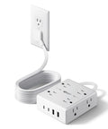 Game Changer Ten Foot Extension Cord With Flat Plug Surge Protector Power Strip providing eight AC outlets and USB ports connected to a wall.