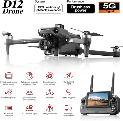 8K GPS Drone With 7.2 Inch Touch Screen Remote and 3 Axis Gimbal with EIS shown with remote controller and obstacle avoidance features
