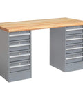 Top Shelf Heavy Duty Double Pedestal Workbench Built Tough With Solid Steel Frame Smooth Rolling Locking Drawers For Garages Workshops And Warehouses 60 Inch Wide Gray with solid wood top and gray steel drawers.