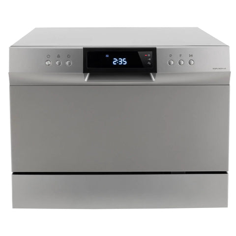 Front view of Compact 22 Inch RV Countertop Dishwasher With LED Touch Controls and Child Lock, showing touch panel and time display.