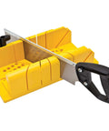 Miter box with saw for clean 90 45 and 22.5 degree angled cuts, yellow plastic with black handle, includes handy storage for pins and pencil.
