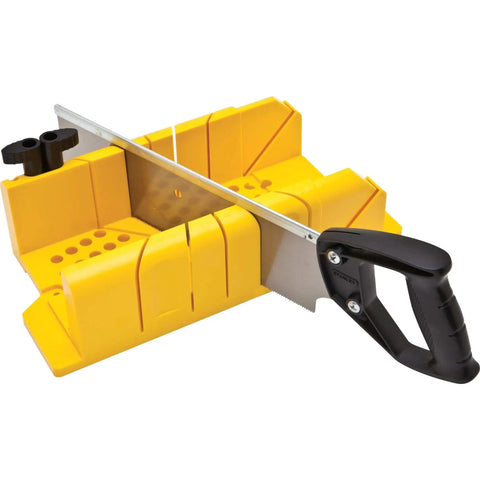 Miter box with saw for clean 90 45 and 22.5 degree angled cuts, yellow plastic with black handle, includes handy storage for pins and pencil.