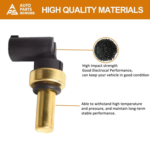 Engine coolant temperature sensor with brass probe and black plastic connector, close-up view.