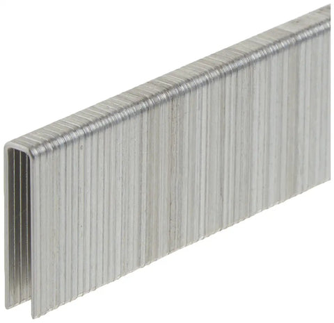 Close-up of galvanized Narrow Crown Staples 1 x 7/32 Inch 18 Gauge 5000 Pack, side view showing staple shape for upholstery and DIY.