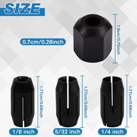 CN1 Replacement Collet And Nut Kit For Spiral Saw And Drywall Cut Out Tools with 1/8, 5/32, 1/4 inch collets, size chart