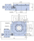 Technical drawing of a 100mm motorized rotation stage, highlighting dimensions and worm gear drive for precise positioning.