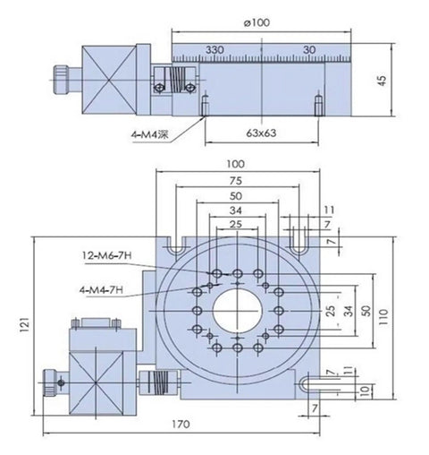 Technical drawing of a 100mm motorized rotation stage, highlighting dimensions and worm gear drive for precise positioning.