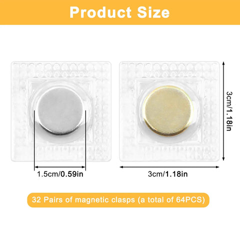 Sleeper Quality 32 Pair Hidden Magnetic Snaps 64 Piece Invisible Clasp Kit sizes, showing matte gold and silver clasps.