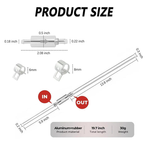 Diagram of One Way Brake Bleeder Hose Kit With Built In Bleeder Valve, size dimensions, aluminum and rubber material, metal clips