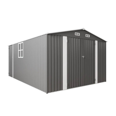 10x14 Foot Galvanized Steel Outdoor Storage Shed With Lockable Door And Window Waterproof Garden Tool Storage