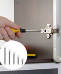Pro Grade No Sweat Pack Of One Hundred Size Eight White Stainless Steel Self Tapping Wall Plate Screw Set being installed on cabinet hinge.