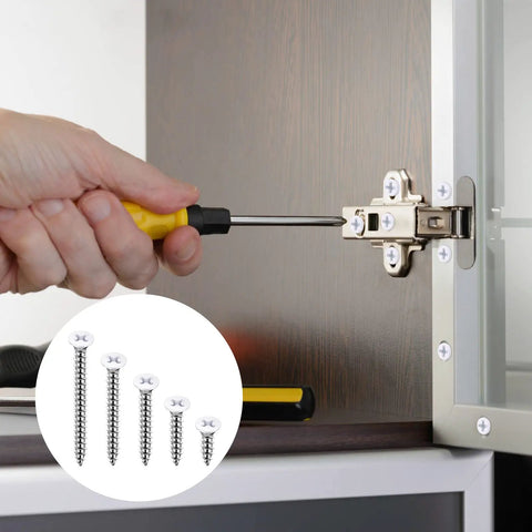 Pro Grade No Sweat Pack Of One Hundred Size Eight White Stainless Steel Self Tapping Wall Plate Screw Set being installed on cabinet hinge.
