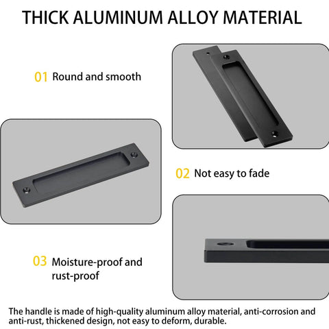 Two Pack Finger Flush Aluminum Alloy Pull Handles For Sliding Doors, Pocket Doors, Drawers And Cabinets, Rectangular Recessed Pull Hardware In Black Finish, Easy Install, Modern Barn Door Style For Home Or Garage shown with rust-resistant material features.