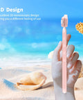Person holding a pink handle on a sandy beach with seashells, showcasing excellent 3D stereoscopic design in a tropical setting.