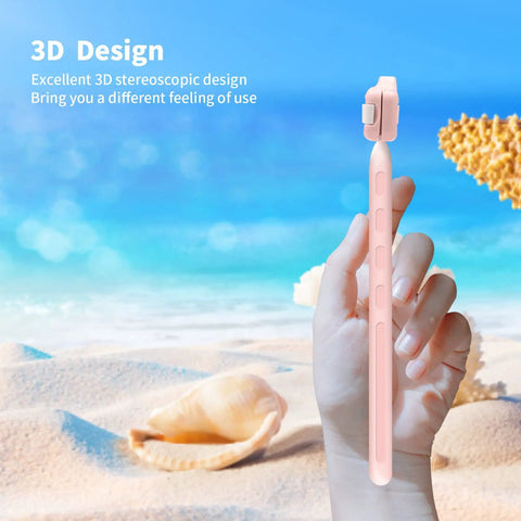Person holding a pink handle on a sandy beach with seashells, showcasing excellent 3D stereoscopic design in a tropical setting.