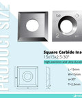 No Nonsense 15mm Square Carbide Cutters For Woodturning And Spiral Planer Heads 10 Piece Pack Of Fully Indexed Replacement Knives With 30 Degree Bevel showing two carbide inserts with dimensions.