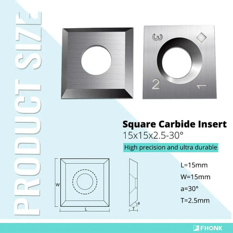 No Nonsense 15mm Square Carbide Cutters For Woodturning And Spiral Planer Heads 10 Piece Pack Of Fully Indexed Replacement Knives With 30 Degree Bevel showing two carbide inserts with dimensions.
