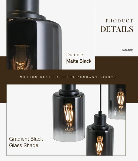 Durable matte black gradient glass shades showcasing Three Pack Black Pendant Lights With Adjustable Height In Industrial Modern Style