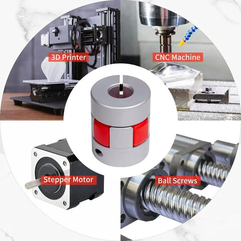Rock Solid Aircraft Grade Aluminum Flex Shaft Coupler With Four Millimeter Bores installed with 3D printer and CNC machine setup.