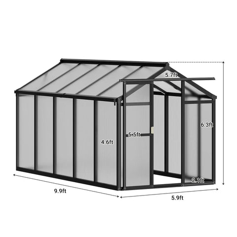 6x10 Ft Outdoor Greenhouse With Polycarbonate Panels Roof Vent Ground Nails Lockable Walk In Door Aluminum Frame Black Backyard Garden House For Patio Lawn And Garden Weather Resistant And Easy Access