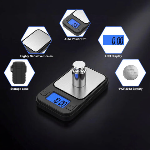Ultra Precise 200G Milligram Scale With 0.01G Readout, Handy Pocket Digital Scale With Storage Case, 8 Units, Lab Grade Precision For Jewelry And Gems, Perfect For Beads, Mg, Lab Work, On The Go, Black with LCD display and components