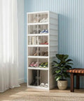 Foldable Six Tier Shoe Rack Organizer With Clear Magnetic Doors Space Saving Holds Up To 12 Pairs Of Shoes Heavy Duty Slim Vertical Cabinet For Bedroom Entryway Or Garage White
