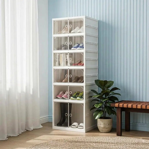 Foldable Six Tier Shoe Rack Organizer With Clear Magnetic Doors Space Saving Holds Up To 12 Pairs Of Shoes Heavy Duty Slim Vertical Cabinet For Bedroom Entryway Or Garage White