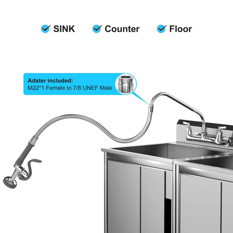Commercial Sink Sprayer With 45 Inch Flexible Stainless Steel Hose And 1.42 GPM Pre Rinse Valve Ergonomic Handle connected to sink