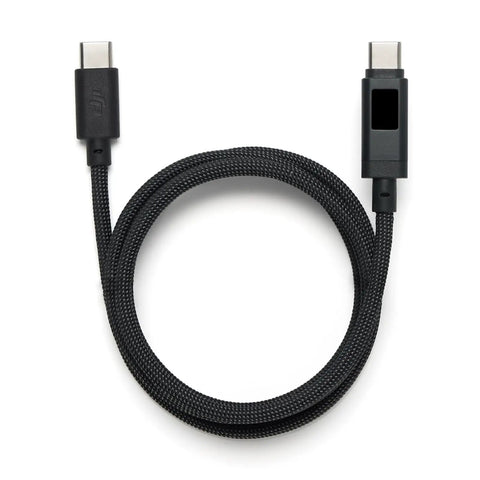 Check Out This Cool DJI Power 7A USB-C Cable With A Built-In OLED Display That Shows Real-Time Voltage And Current For Fast 240W Charging Sessions That Are Totally Legit. 1M braided black cable with USB-C connectors.