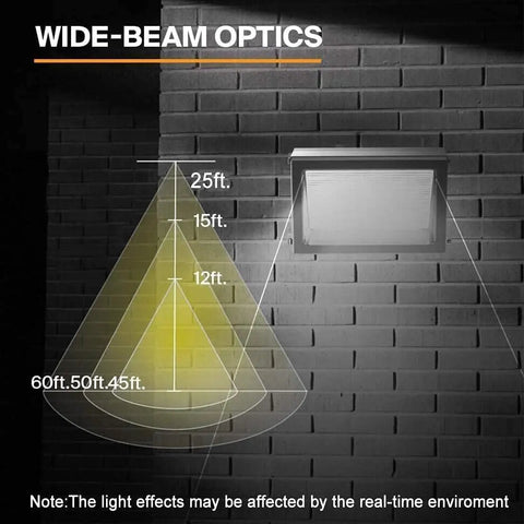 120W Outdoor LED Wall Pack Light With Dusk To Dawn Sensor 5000K Cool White showing wide-beam optics on brick wall