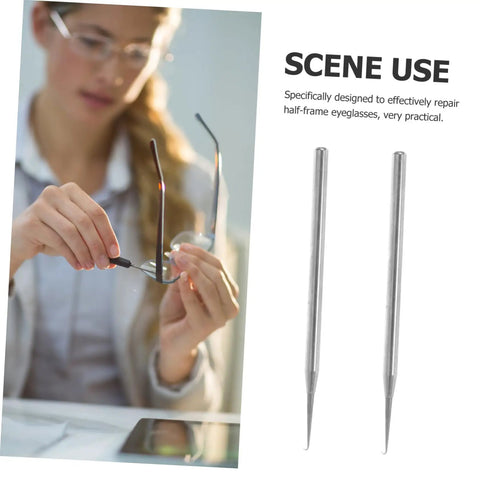 Two Pack Repair Hook for Eyeglasses and Sunglasses shown being used by a person to adjust half-frame glasses, with tool close-up