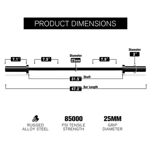 Olympic Barbell 4ft dimensions showing 25mm shaft, 47.2in length, rugged steel, ideal for serious gains, 85000 PSI tensile strength.