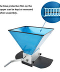 Homebrewing Grain Mill With Three Rollers And 13 Lb Hopper Steel Base with blue protective film on hopper