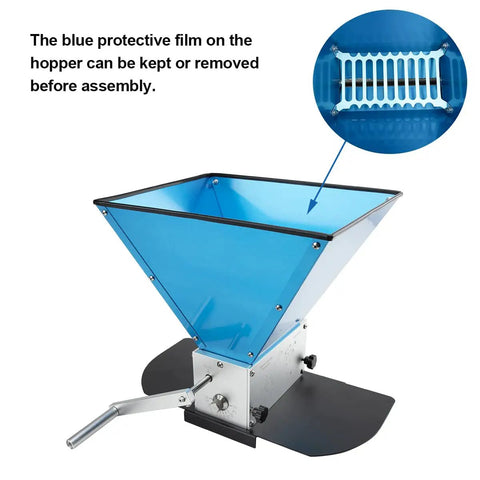Homebrewing Grain Mill With Three Rollers And 13 Lb Hopper Steel Base with blue protective film on hopper