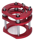 Heavy Duty Aluminum Alloy Router Lift Base With Rock Solid 4 Jaw Clamping showing red aluminum structure and steel support rods.