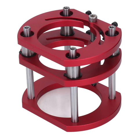 Heavy Duty Aluminum Alloy Router Lift Base With Rock Solid 4 Jaw Clamping showing red aluminum structure and steel support rods.
