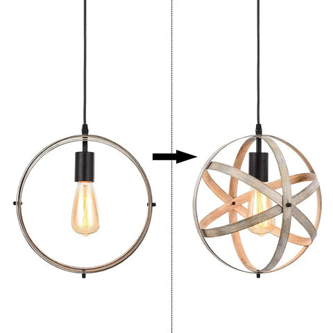 Industrial Spherical Pendant Light With Changeable Cage Design Plug In 15 Ft Cord And On Off Switch Vintage Metal Fixture With Ash Wood