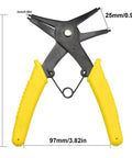 2 In 1 Snap Ring Pliers Dual Purpose Retaining Ring Plier C Clip Tool For 10mm To 40mm Inner And Outer Ring Installation And Removal In Auto Mechanical Equipment Electronics Maintenance, showing dimensions and yellow handles.
