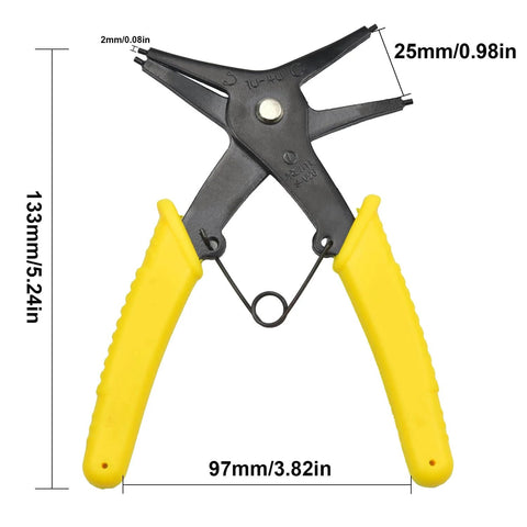 2 In 1 Snap Ring Pliers Dual Purpose Retaining Ring Plier C Clip Tool For 10mm To 40mm Inner And Outer Ring Installation And Removal In Auto Mechanical Equipment Electronics Maintenance, showing dimensions and yellow handles.