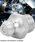 Close-up of 10 Pack Grease Nipple Fittings in plated steel, leak proof M8 straight, durable for automotive and industrial use