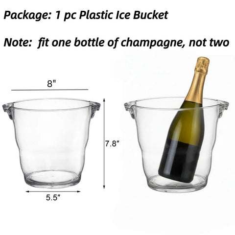 Four Liter Plastic Champagne Ice Bucket Chiller With Thick Clear Body And Two Easy Grip Handles, Wave Design Wine Cooler For Bar, Home Or Parties, Holds Wine Or Champagne Bottles, shown with bottle dimensions.