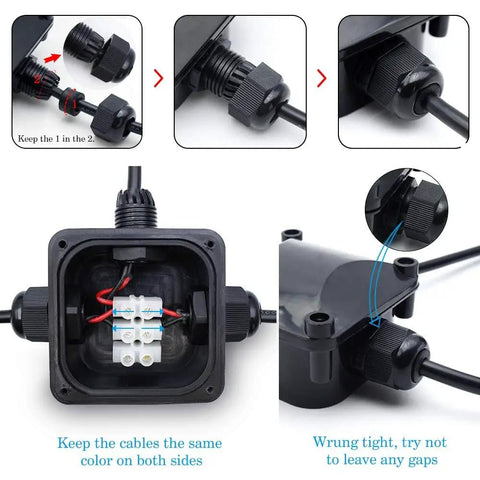 IP68 Waterproof Junction Box for Outdoor Lighting, 3-Way Cable Connectors showing open box with wiring instructions
