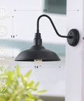 14 Inch Large Dome Gooseneck Barn Light Outdoor With Dusk To Dawn Sensor Matte Black Exterior Wall Sconce for Porch