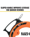 Close-up of 50 Foot Electrical Fish Tape Pro Grade With Steel Wire Puller, Double Loop Tip, sloped handle for leverage, Klein Tools.