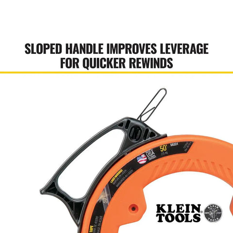 Close-up of 50 Foot Electrical Fish Tape Pro Grade With Steel Wire Puller, Double Loop Tip, sloped handle for leverage, Klein Tools.