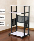 Smooth Rolling 3 Tier Standing Desk With Pull Out Keyboard Tray And Heavy Duty Steel Frame Built Tough for a portable workstation.