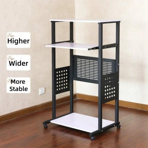 Smooth Rolling 3 Tier Standing Desk With Pull Out Keyboard Tray And Heavy Duty Steel Frame Built Tough for a portable workstation.