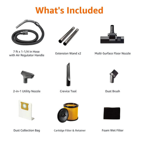 What's included with 6 Gallon Wet Dry Shop Vacuum Cleaner With 3.5 HP Motor, Stainless Steel Tank, and Handy Attachments